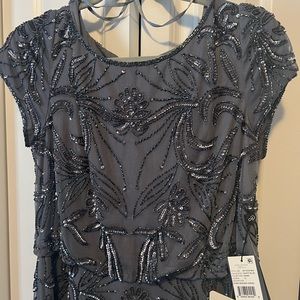 Adrianna Papell Dusty Blue Beaded Blouson Floor Length Formal Dress.
